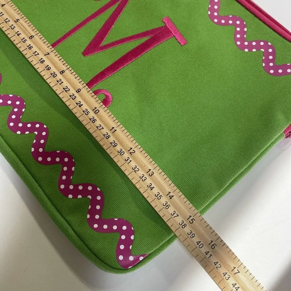 Monogrammed M Laptop Sleeve Padded Computer Green inside Pink Polka Dot 15x11